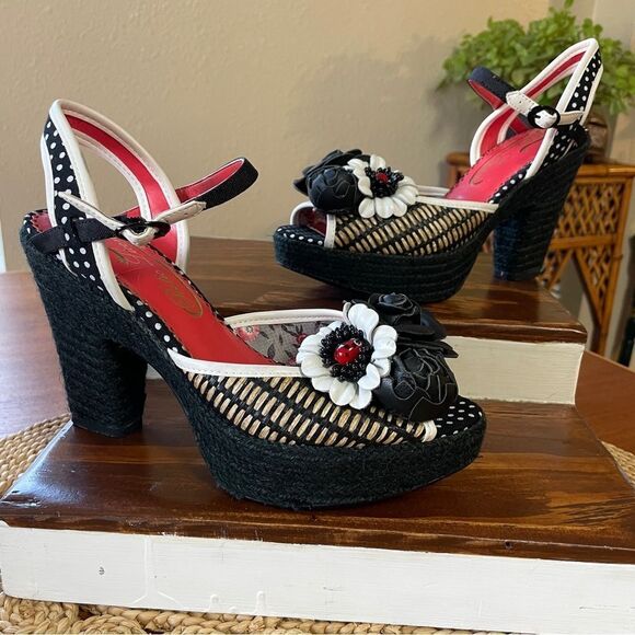 Poetic License Fancy Me Block Platform Heels Black Tan Red White Floral US 6 - Picture 2 of 15